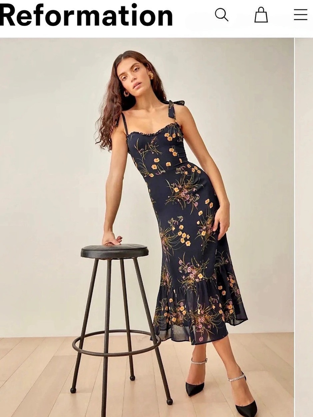 Reformation Nikita Dress Floral Midi Navy Blue & Yellow Size 8